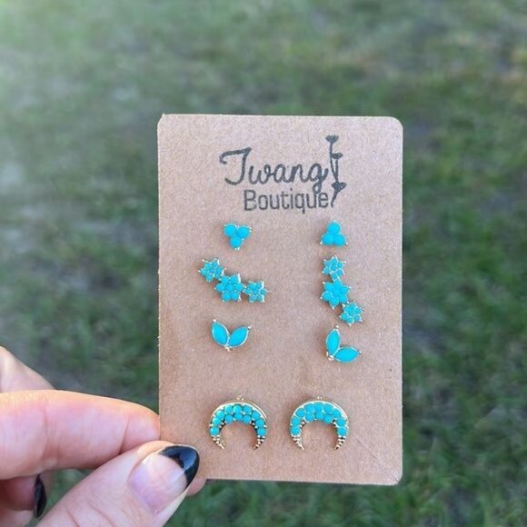 Teal Stars and Moon Stud Earring Set - Picture 4 of 4